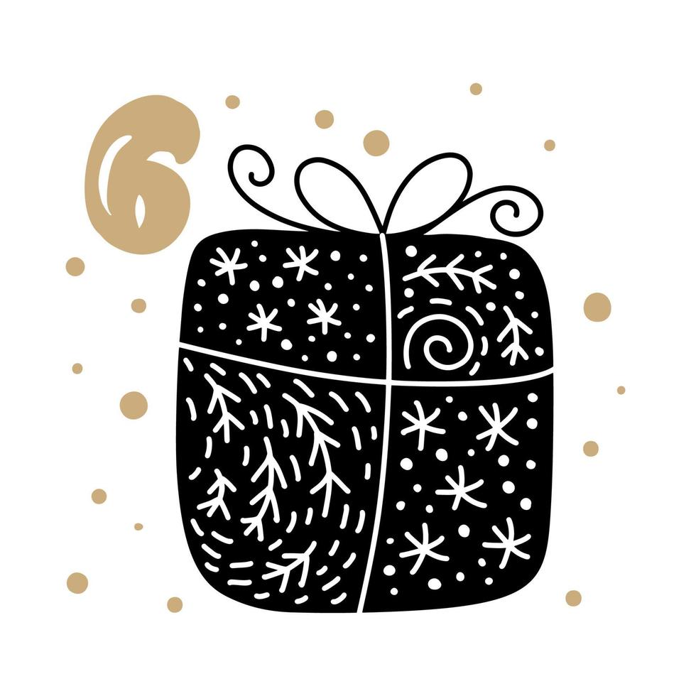 Advent calendar with cute scandinavian hand drawn vector. Twenty-four days before Christmas. Sixth Day. Winter Illustration of Gift vector