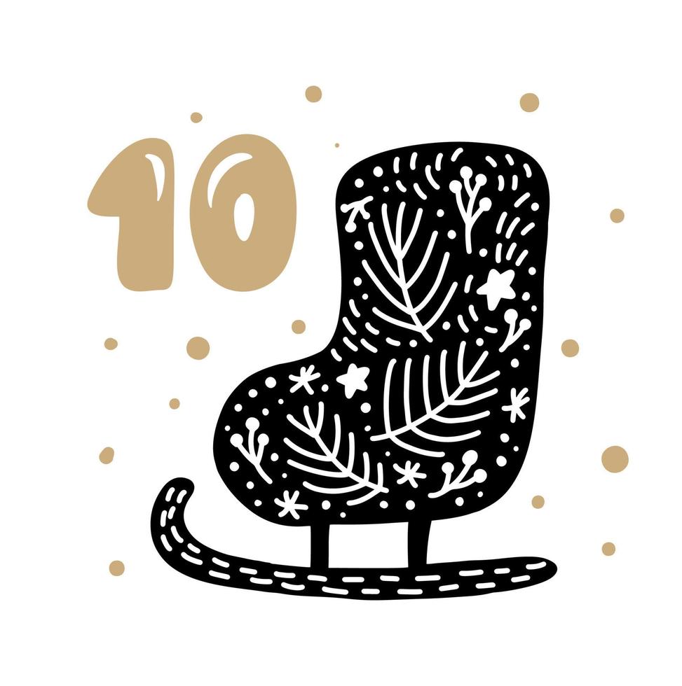 Calendario de Adviento con lindo vector dibujado a mano escandinavo. veinticuatro días antes de la etno-navidad. décimo día. ilustración de invierno de patinaje nórdico