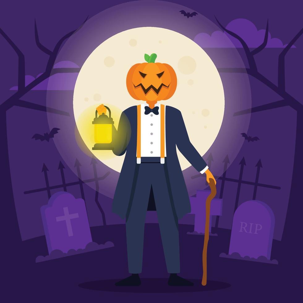 personaje de jack o lantern en el cementerio vector