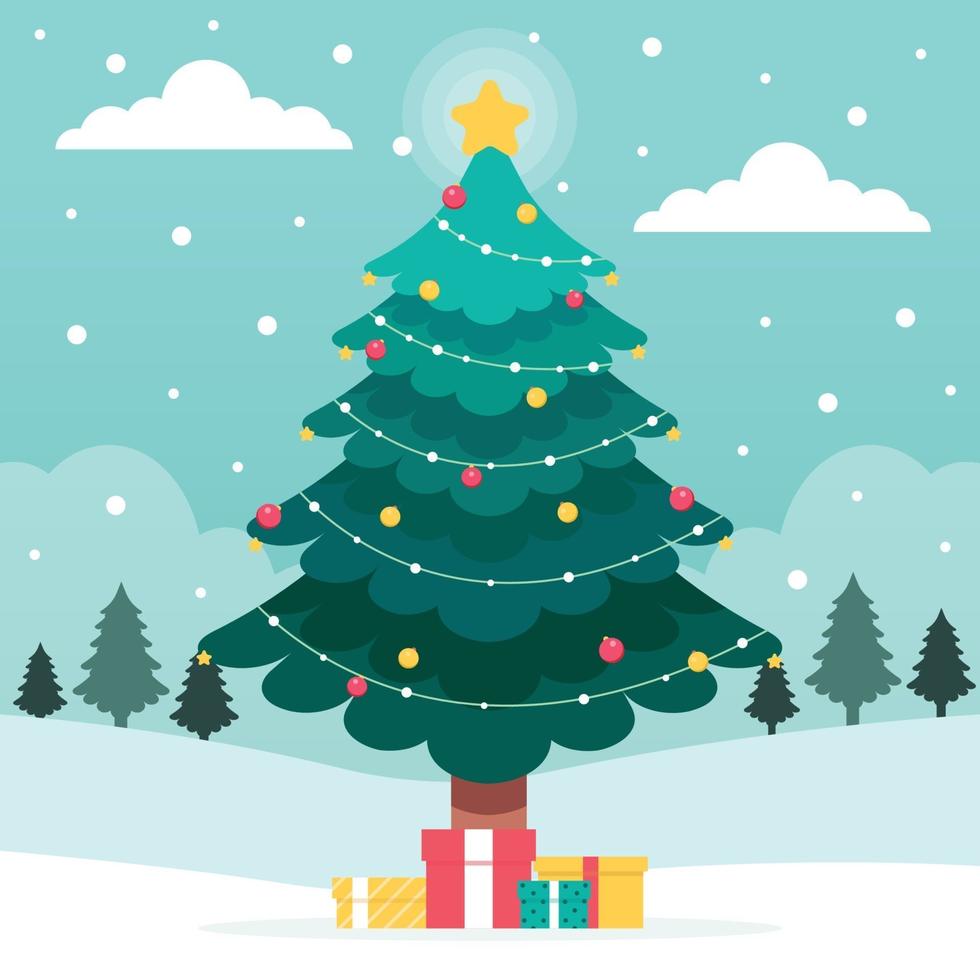 Winter Landscape with Christmas Tree and Gift Boxes vector
