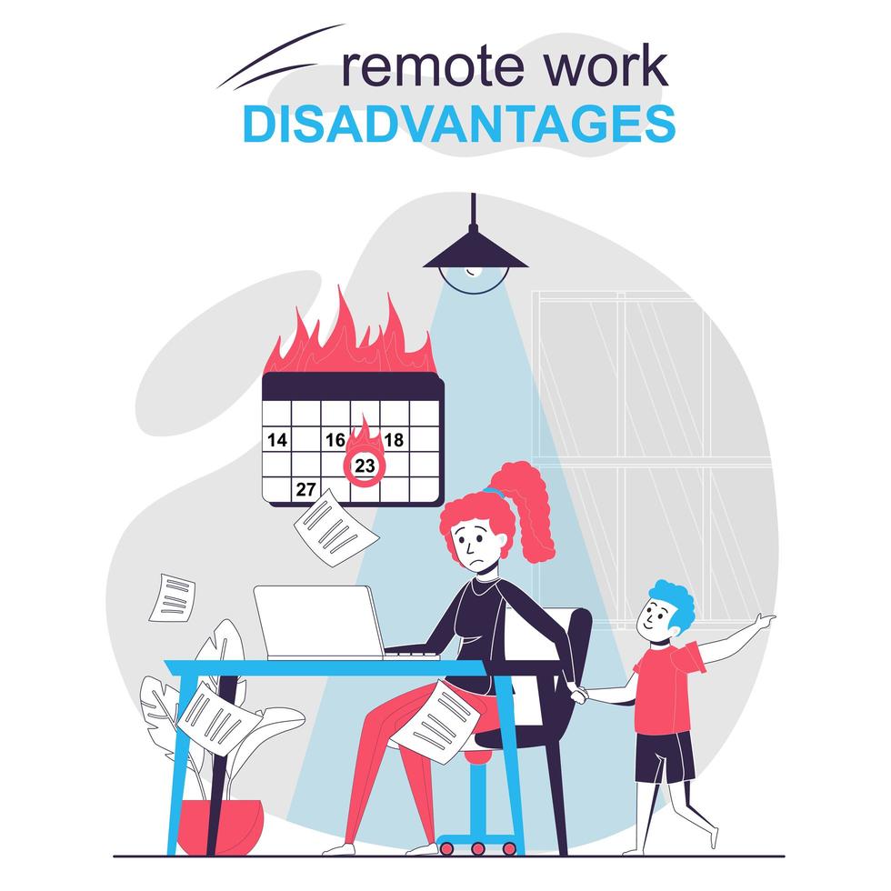 Remote work disadvantages isolated cartoon concept. vector