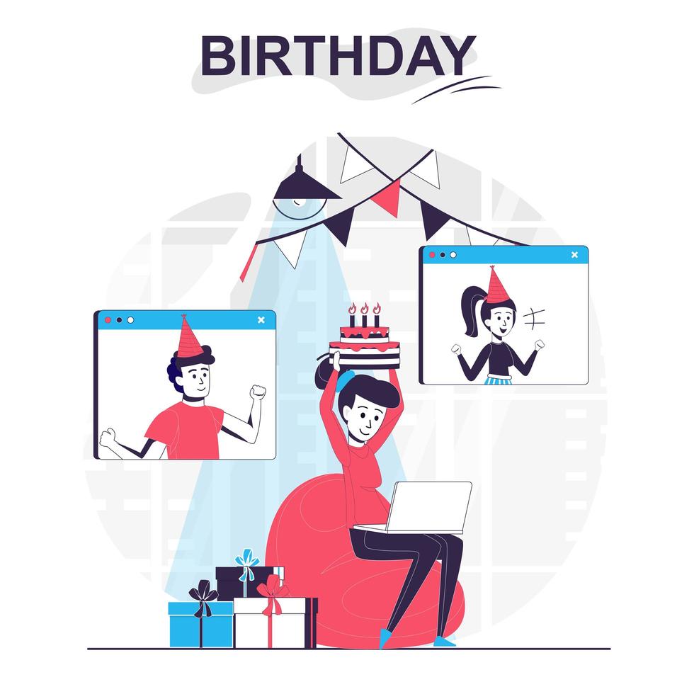 Birthday isolated cartoon concept. Woman celebrating vector