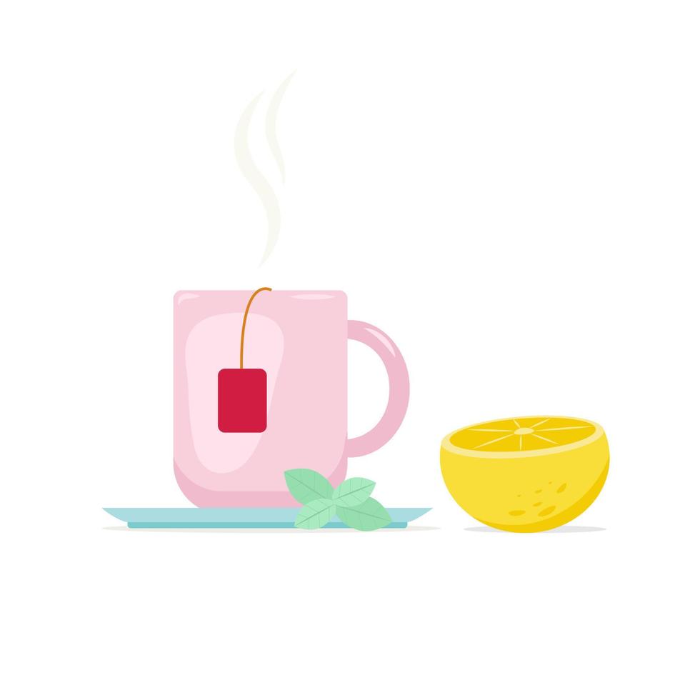 A mug of hot tea and half a lemon. Vector illustration in flat style