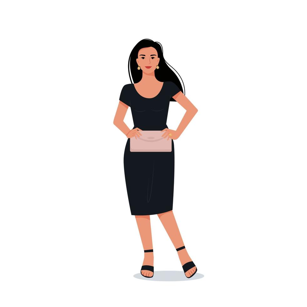 Elegant young woman in an evening black dress with a clutch in her hands.  Vector female character in flat style 3506447 Vector Art at Vecteezy