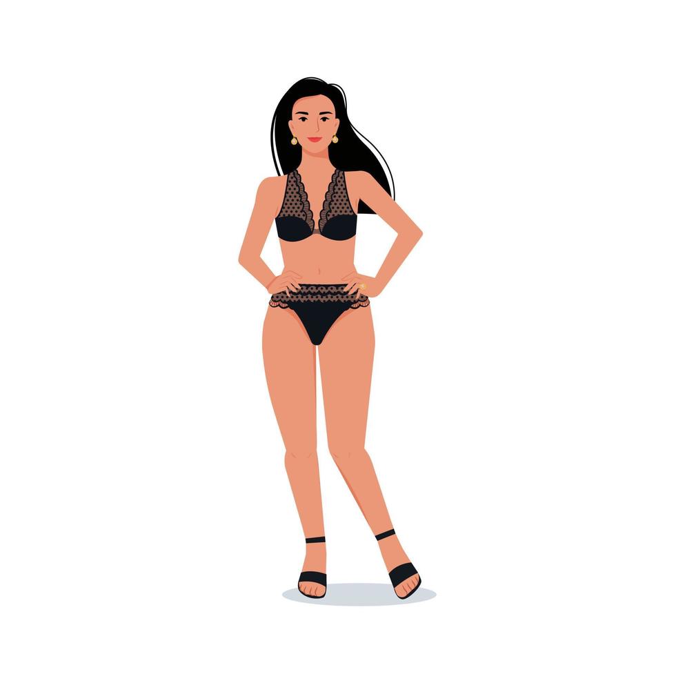 Girl in lace lingerie flat illustration. Attractive woman in black lingerie vector