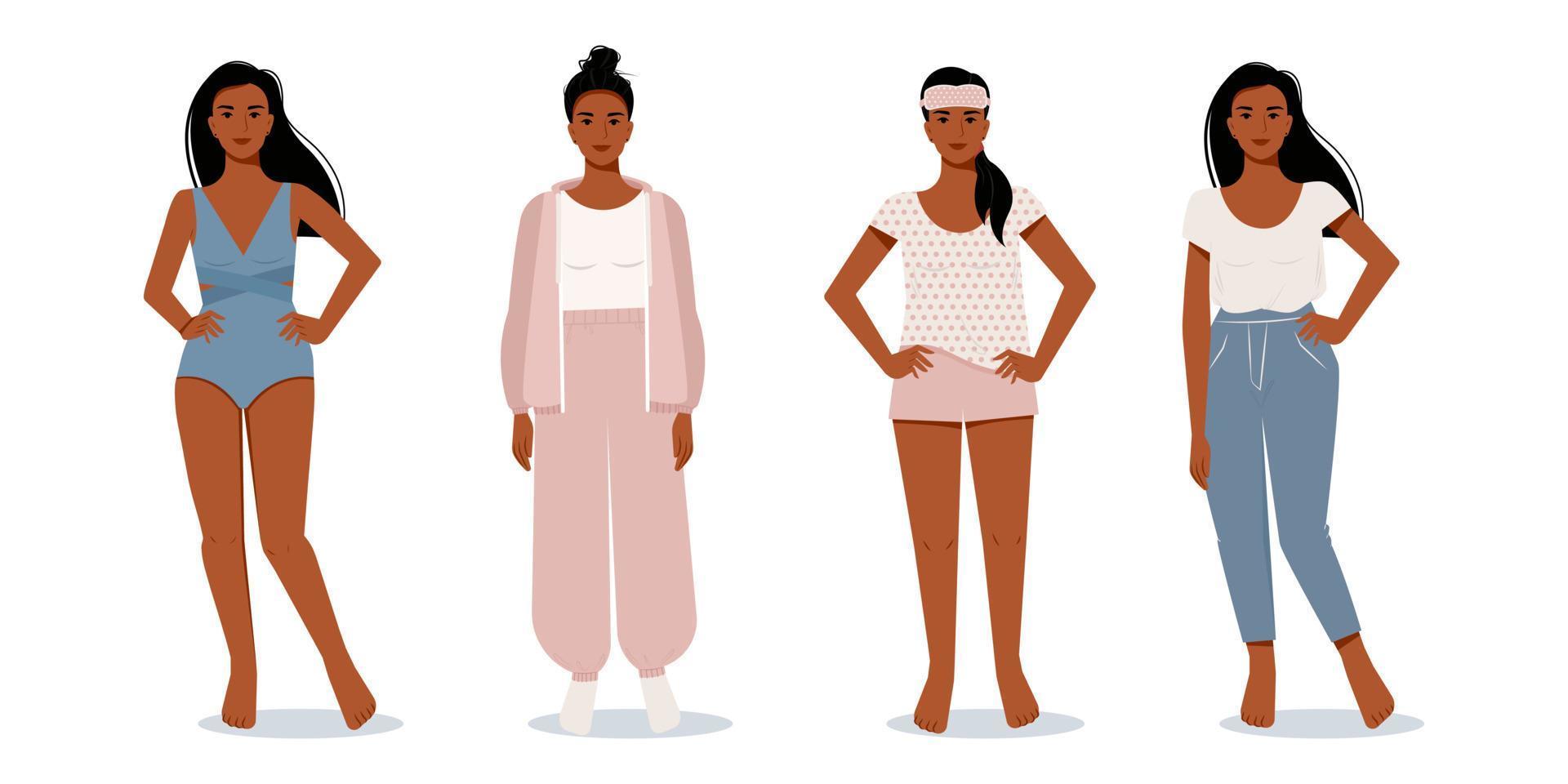 mujer afro moderna estilo en estilo plano. vector personajes femeninos con ropa diferente. ropa de hogar cómoda. traje de noche. 3506457 Vector en