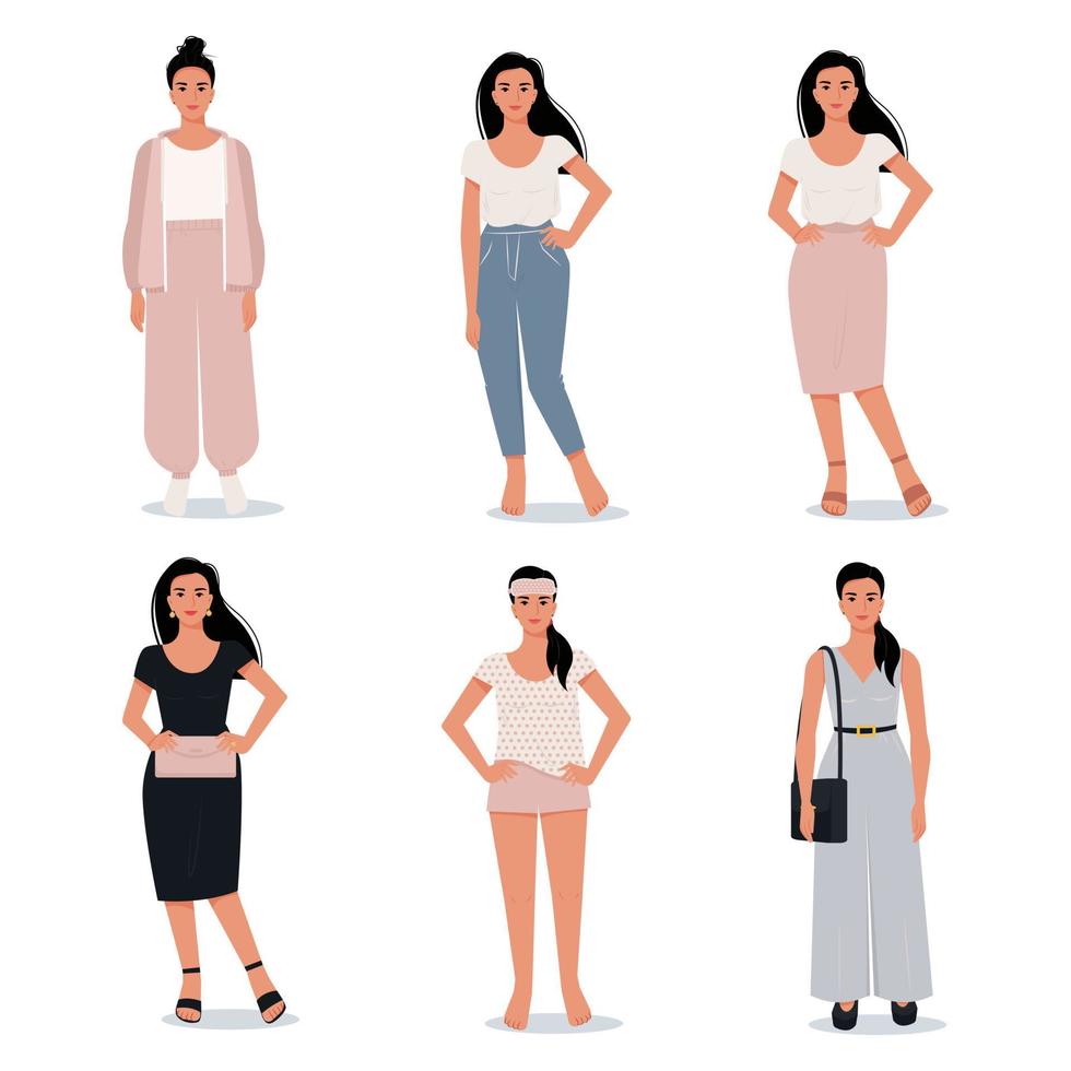 mujer moderna en diferentes imágenes, conjunto de personajes femeninos vectoriales en estilo plano. vector