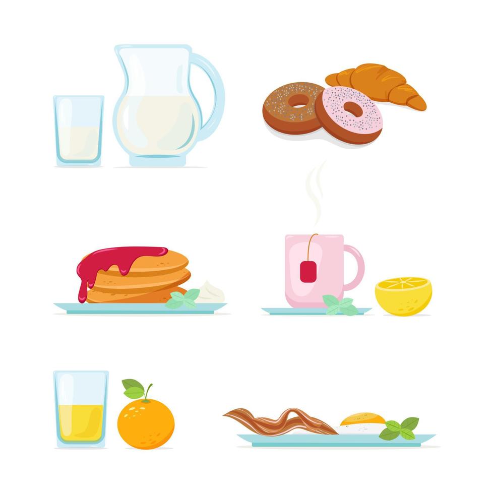 Ilustración de desayuno en conjunto de estilo plano vector