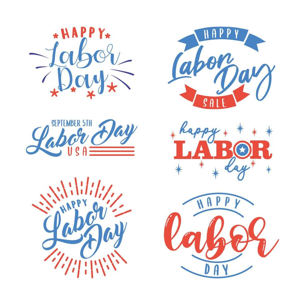Set vector graphic of Labor day lettering. Vector in blue and red style.