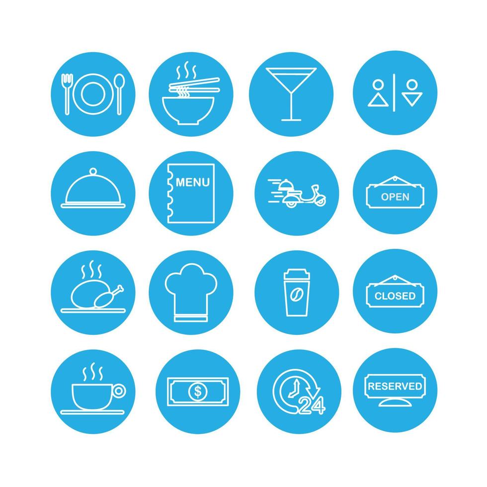 Icon set vector graphic of cafe and resto. Icons in blue and white style.