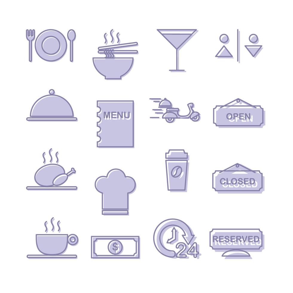 Icon set vector graphic of cafe and resto. Icons in blue style.