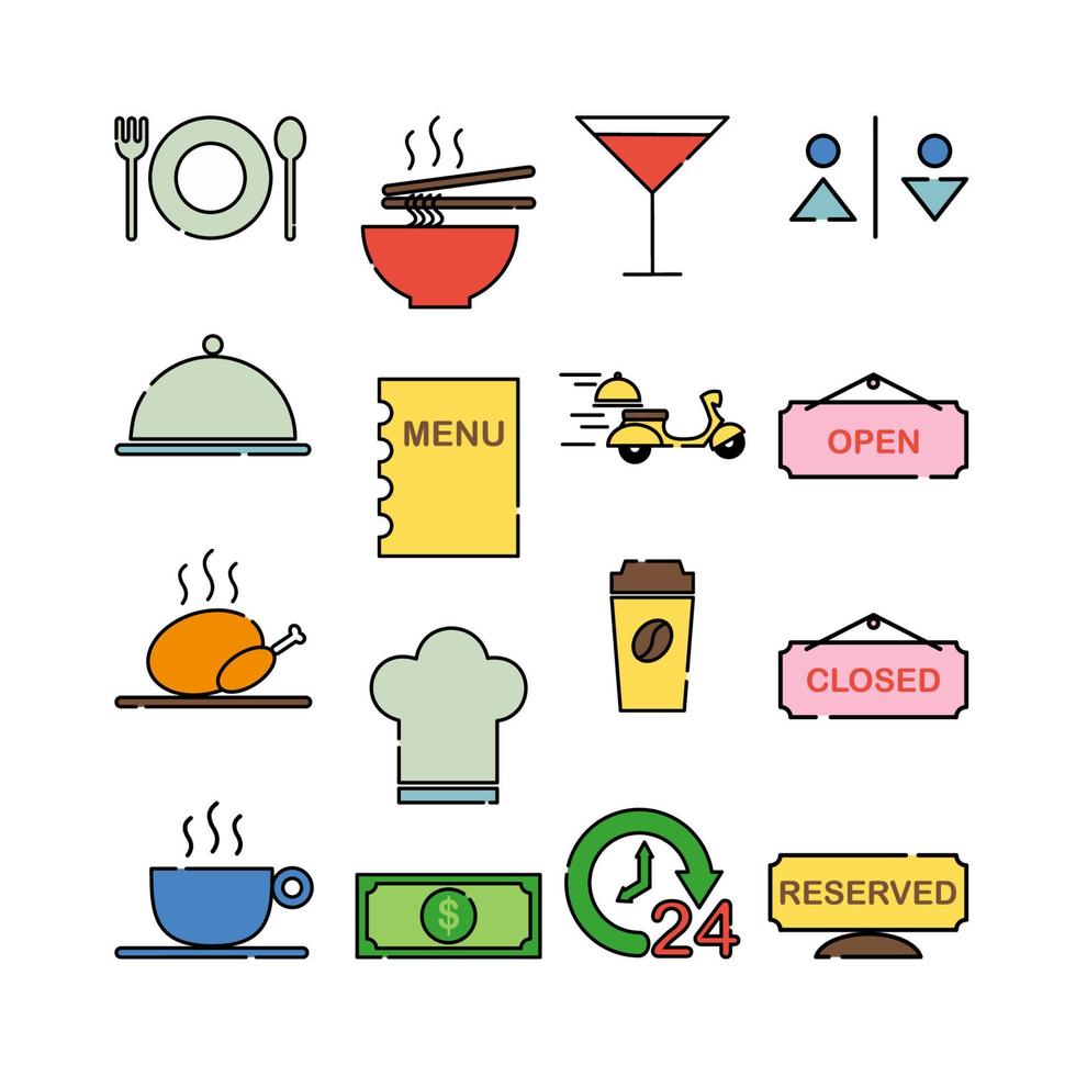 conjunto de iconos gráficos vectoriales de café y resto. iconos en estilo de línea plana. vector