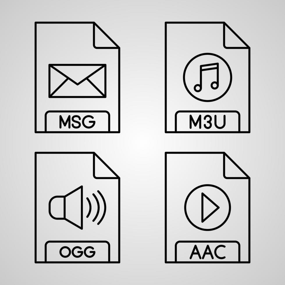 Conjunto de iconos de línea de formato de archivo aislado en formato de archivo de símbolos de contorno blanco vector