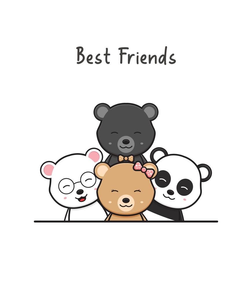 Cute bear best friends greeting cartoon doodle card icon illustration vector