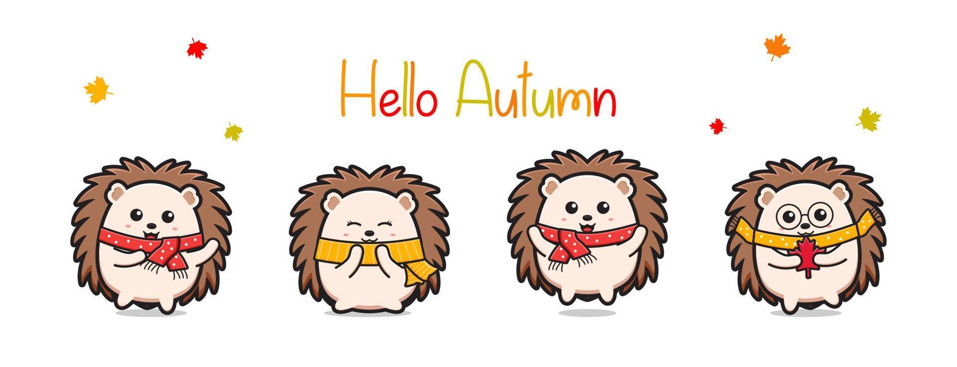 hola otoño banner con ilustración de icono de dibujos animados lindo erizo vector