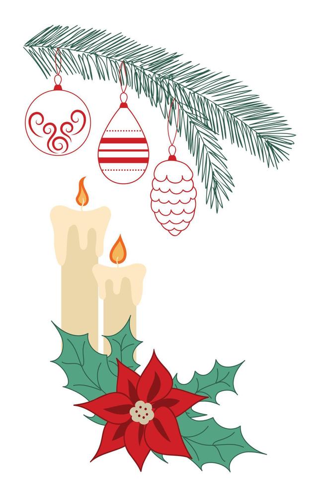 Christmas and New Year elements for the holiday card. Branch with Christmas tree decorations, candles and poinsettia vector