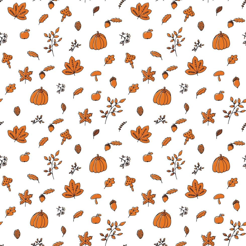 Autumn pattern in orange and brown tones with various fall items, backgrounds, wallpapers, create patterns or compositions, or decorate printed matter. vector