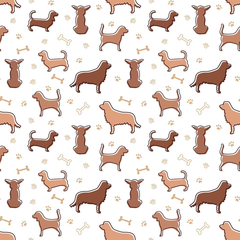 pattern with dog silhouettes, bones and paw prints in doodle style and one line with colored brown and beige spots. vector