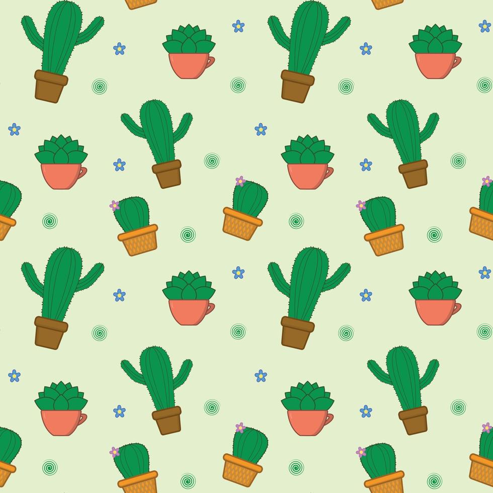 Pattern with a light background, green different cacti in brown, yellow, pink pots, spirals and flowers vector