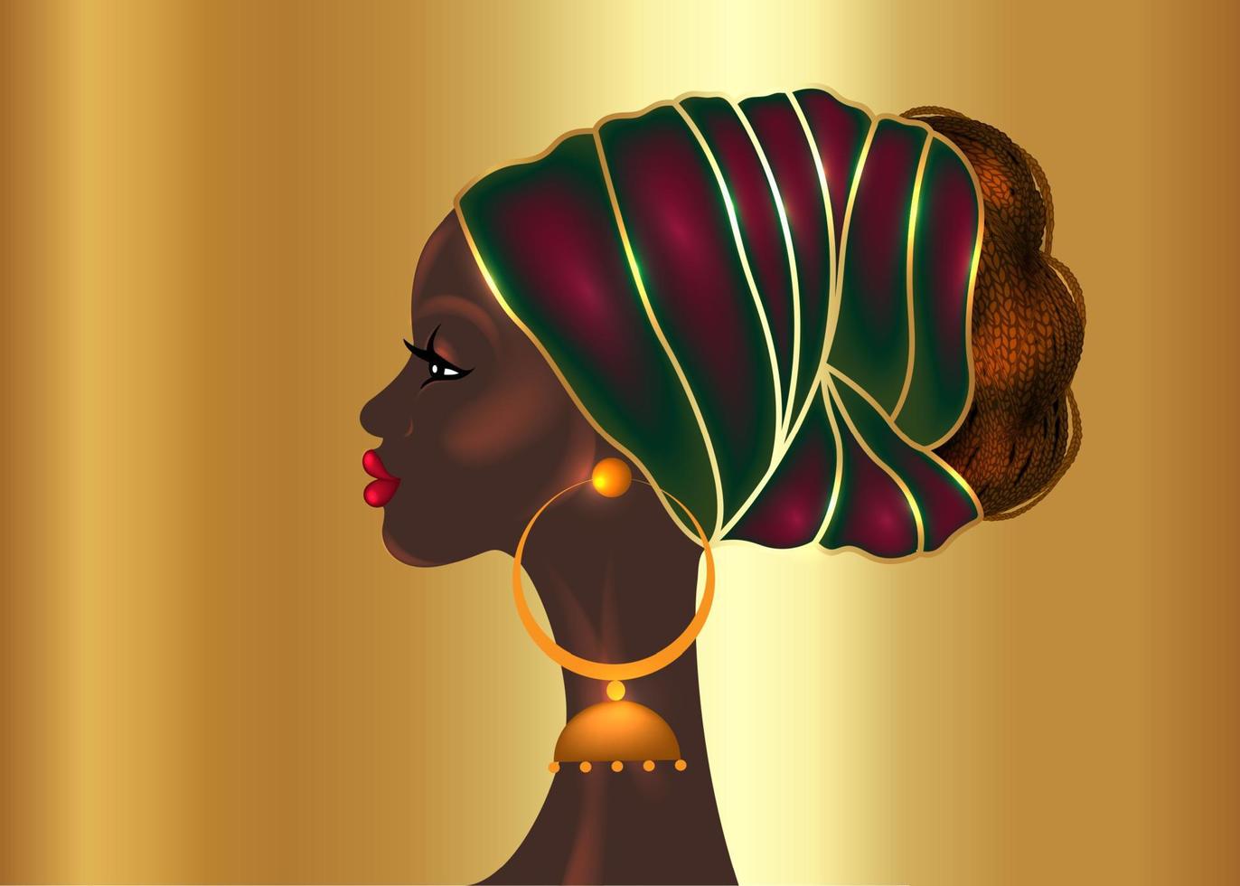 Afro hairstyle, beautiful portrait African woman in wax print fabric turban, diversity concept. Black Queen, ethnic head tie for afro braids and kinky curly hair. Vector isolated on gold background