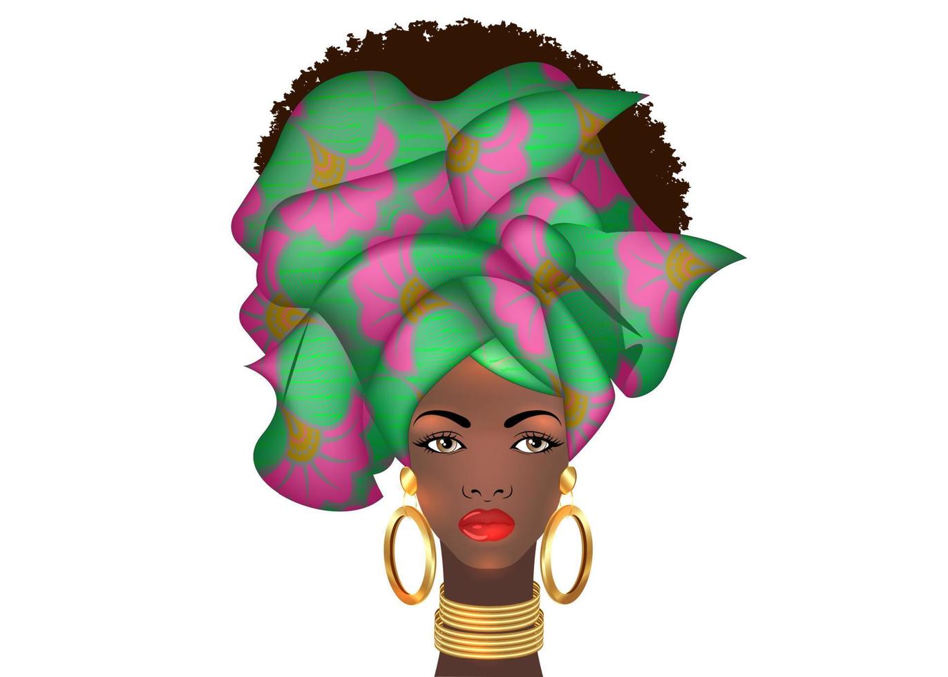 peinado afro hermoso retrato mujer africana en turbante de tela con estampado de cera, joyas de oro, concepto de diversidad. Reina negra, diadema étnica para cabello rizado afro rizado. vector aislado sobre fondo blanco