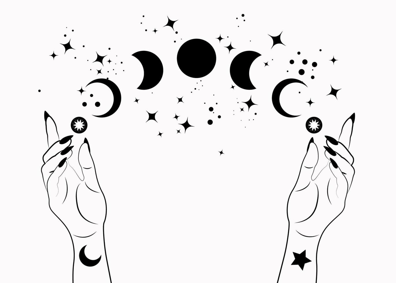 Mystical moon phases and woman hands, Triple moon pagan Wiccan goddess symbol, alchemy esoteric magic space, sacred wheel of the year, vector isolated on white background