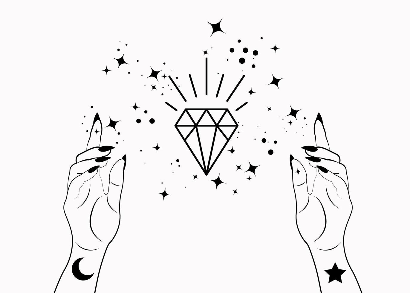 Mystical Woman Hands alchemy esoteric magic space stars, crystal symbol, Sacred Geometry. Boho style Logo in black outline tattoo icon. Spiritual occultism mystic wicca sign. Vector isolated on white