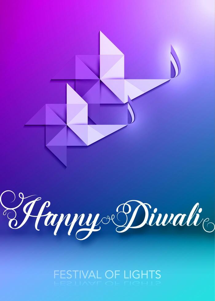 Plantilla de celebración de feliz diwali en diseño gráfico de papel de origami de lámparas de aceite diya indias, diseño plano moderno. colorido festival de luces. vector banner art style, fondo morado