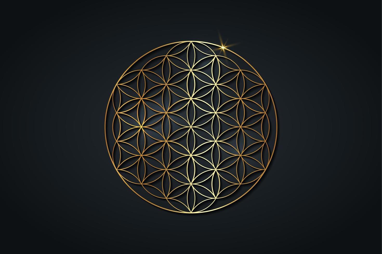 flower of life, gold spiritual mandala, Sacred Geometry. Bright golden symbol of harmony and balance. Mystical talisman, luxury round vector isolated on black background