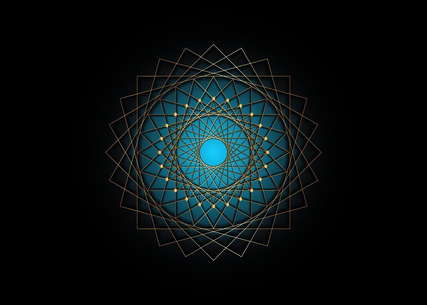 Mandala de círculo dorado, geometría sagrada azul, diseño de logotipo geométrico de signo de marco redondo, entrelazamiento de formas cuadradas y triangulares, vector de icono místico de dibujo de línea dorada aislado sobre fondo negro