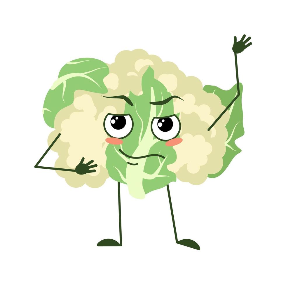 Cute cauliflower character with emotions, face, arms and legs. The funny or proud, domineering hero, vegetable cabbage with eyes vector