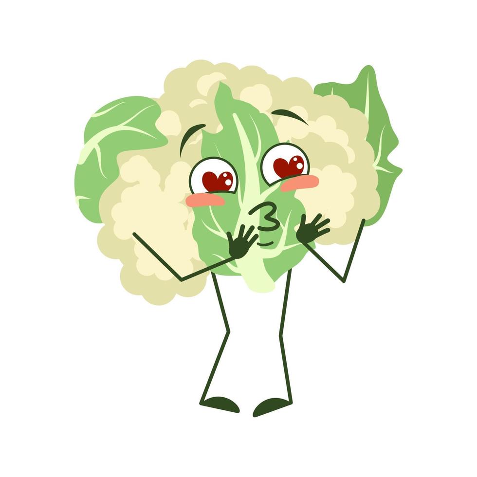 Cute cauliflower character falls in love with eyes hearts, kiss face, arms and legs. The funny or smile emotions of vegetable cabbage vector