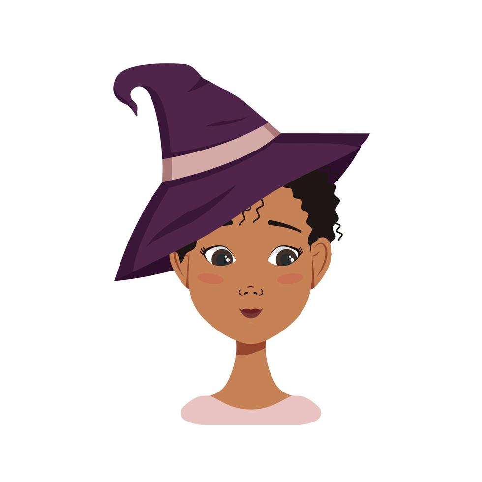 Avatar mujer afroamericana con cabello negro rizado, emociones de timidez, rostro avergonzado y ojos abatidos, con un sombrero de bruja. personaje de halloween disfrazado vector