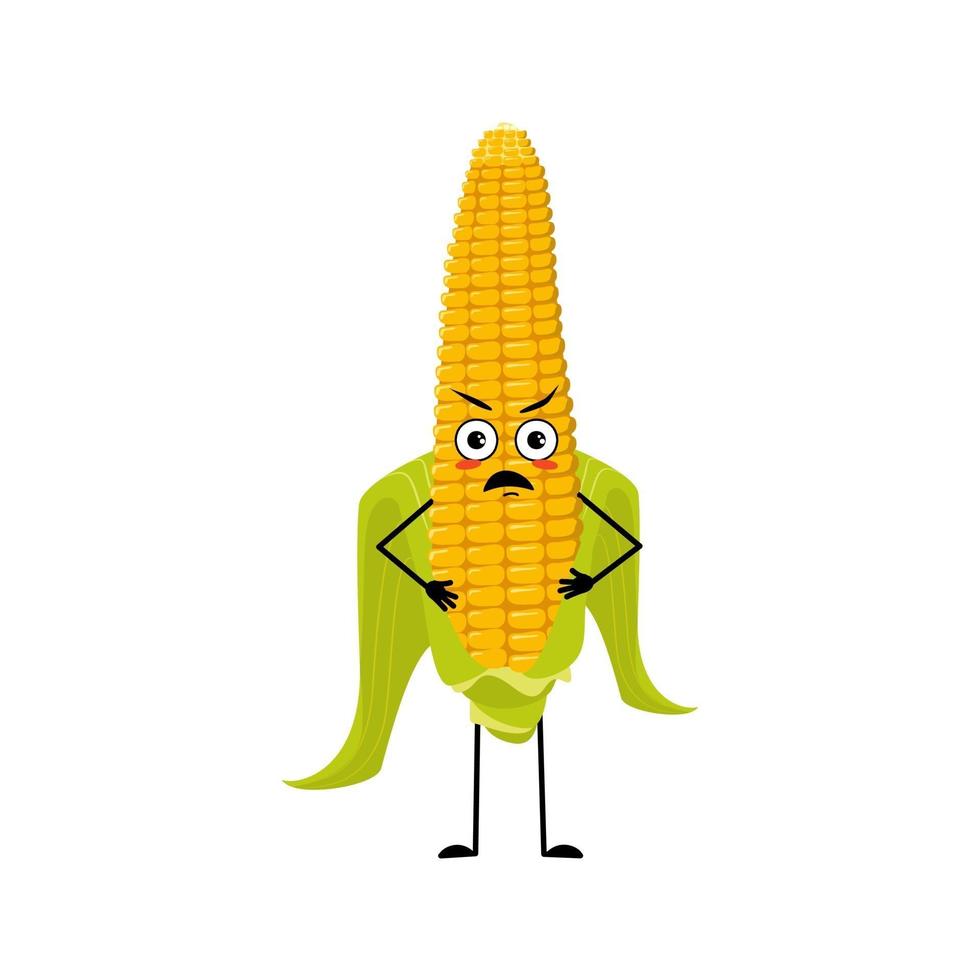 Lindo personaje de mazorca de maíz con emociones enojadas, cara gruñona, ojos, brazos y piernas furiosos. gracioso vegetal amarillo vector