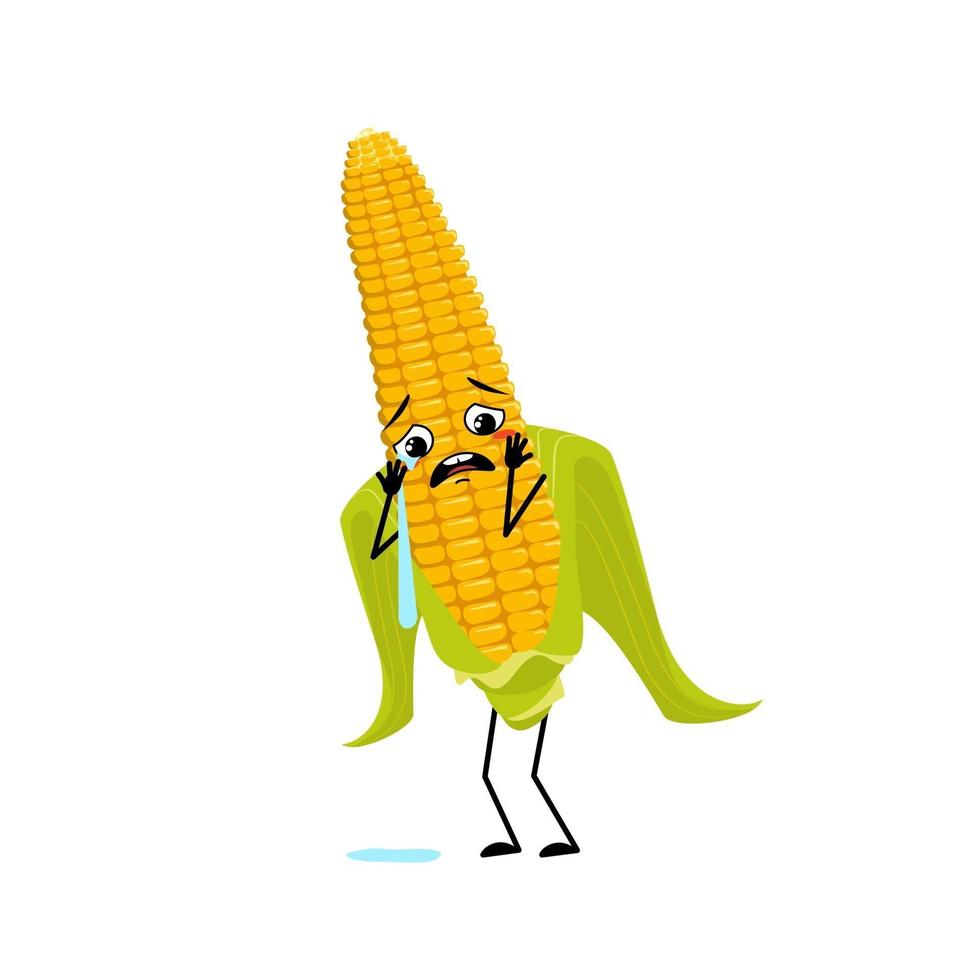 Cute corn cob character with crying and tears emotion, sad face, depressive eyes, arms and legs. Funny yellow vegetable vector