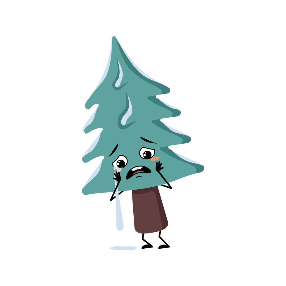 Cute Christmas tree with crying and tears emotion, sad face, depressive eyes, arms and legs. Pine with eyes. New year festive decoration, fir with depression expression vector