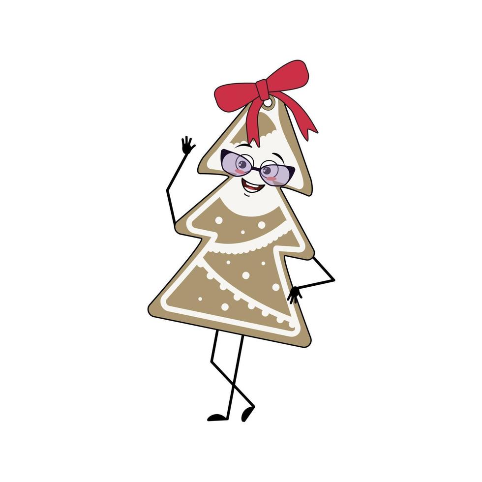 lindo personaje de galleta de jengibre en forma de árbol de navidad alegre con emociones, sonrisa, manos y piernas. dulces de feliz año nuevo. decoración navideña con lazo vector