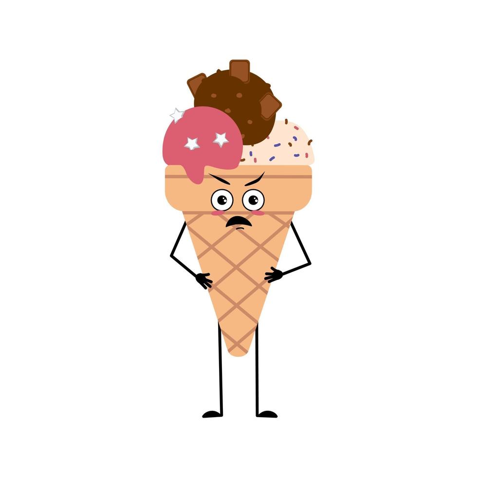 lindo personaje de helado con emociones enojadas, cara furiosa, ojos, brazos y piernas. la taza de gofres divertida o gruñona, la comida dulce molesta, el postre frío vector