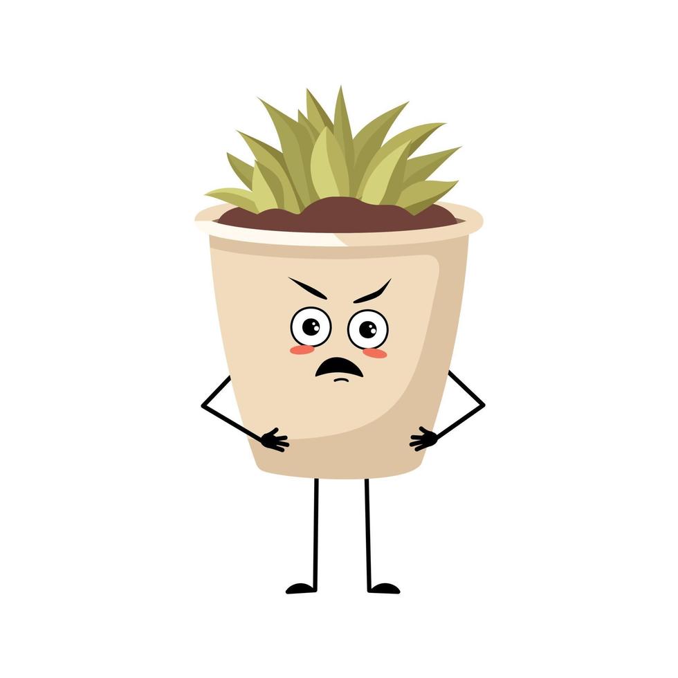 Cute character indoor plant in a pot with angry emotions, grumpy face, furious eyes, arms and legs. Planter with succulent for interior decoration vector