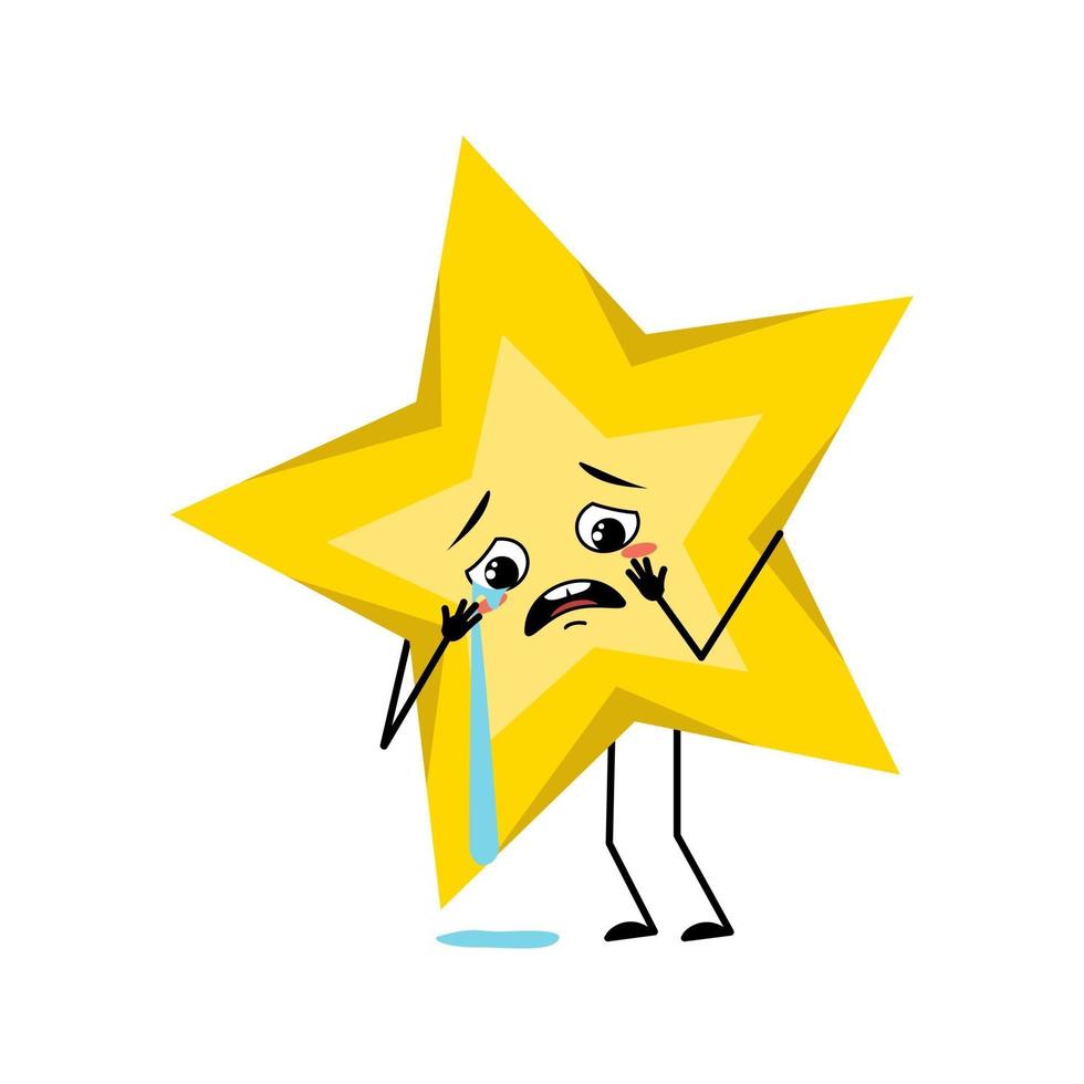 Cute star character with crying and tears emotion, sad face, depressive eyes, arms and legs. Space and weather symbol with kind expression vector