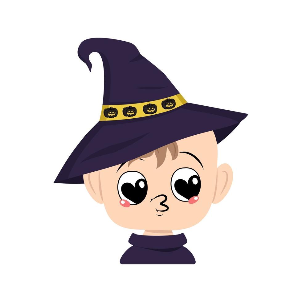 Avatar of child falls in love with eyes hearts, kiss face in pointed witch hat with pumpkins. The head of toddler with a joyful face. Halloween party decoration vector