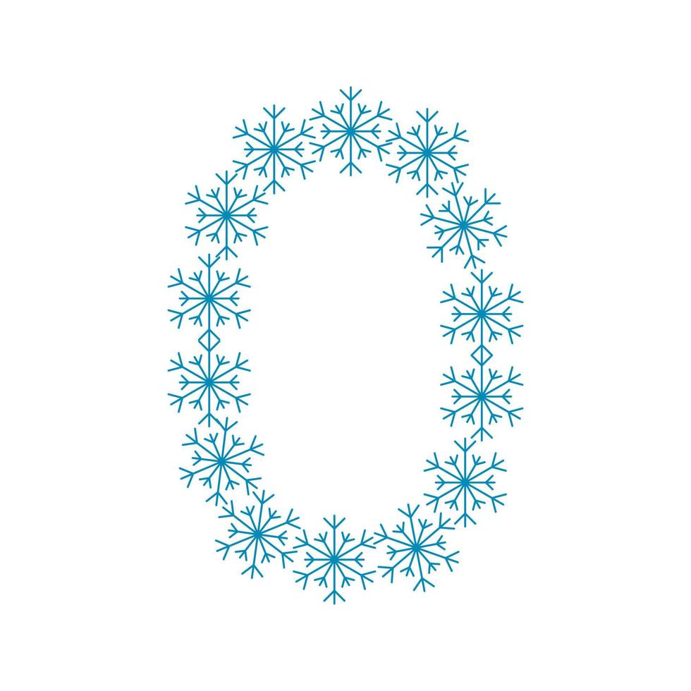 número cero de copos de nieve. fuente festiva o decoración para año nuevo y navidad vector