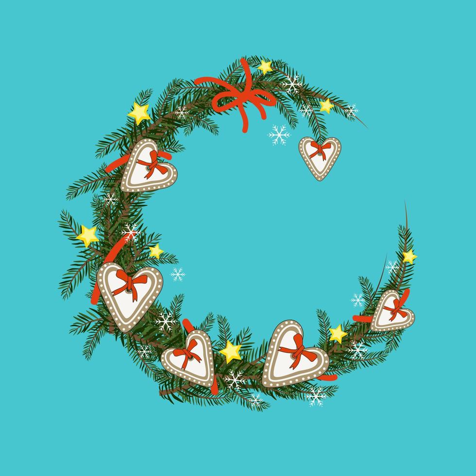 Round Christmas wreath of fir branches with gingerbread, star and snowflake. Festive decoration for New year and winter holidays vector