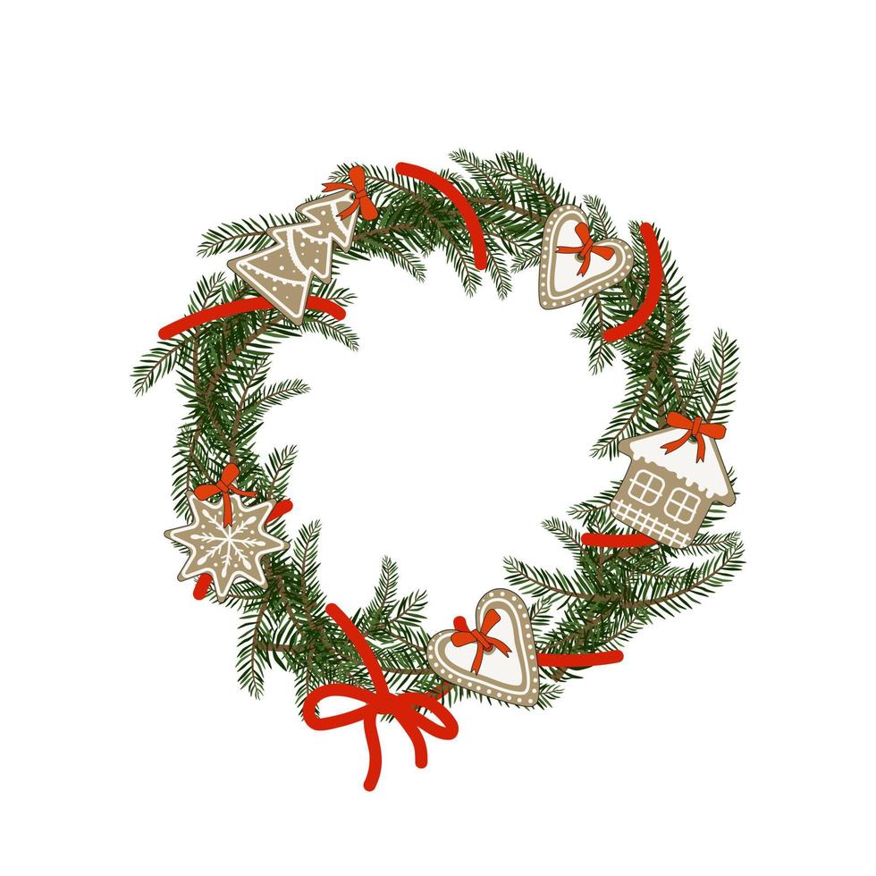 Christmas wreath of fir branches with gingerbread in the form of heart, house, snowflake. Festive decoration for New year and winter holidays vector