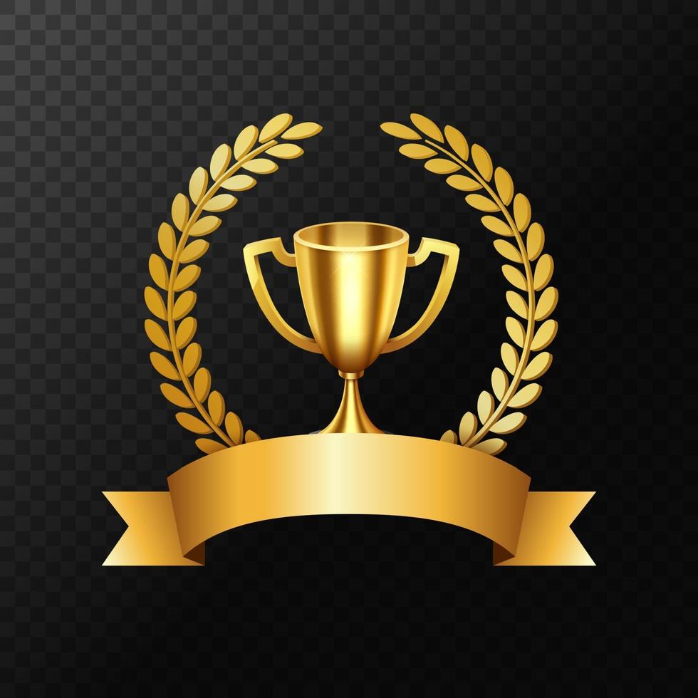 Realistic Golden Trophy with Gold Laurel Wreath and gold ribbon. Vector Illustration