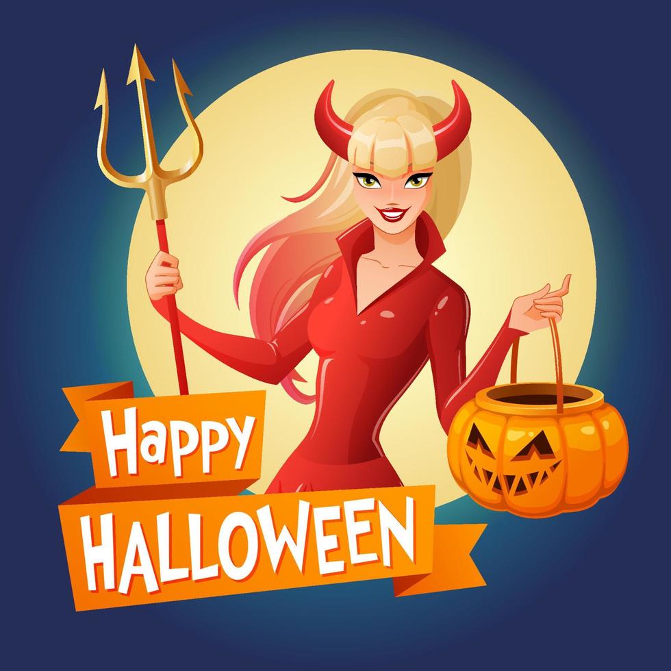 Happy Halloween card with woman in devil costume vector illustration