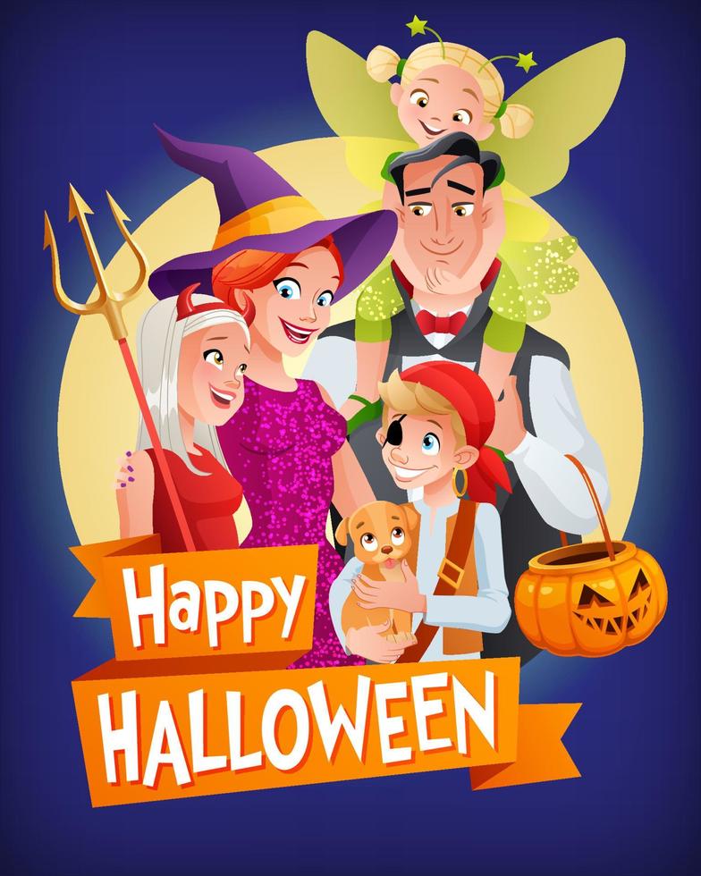 tarjeta de vector de feliz halloween con familia en disfraces