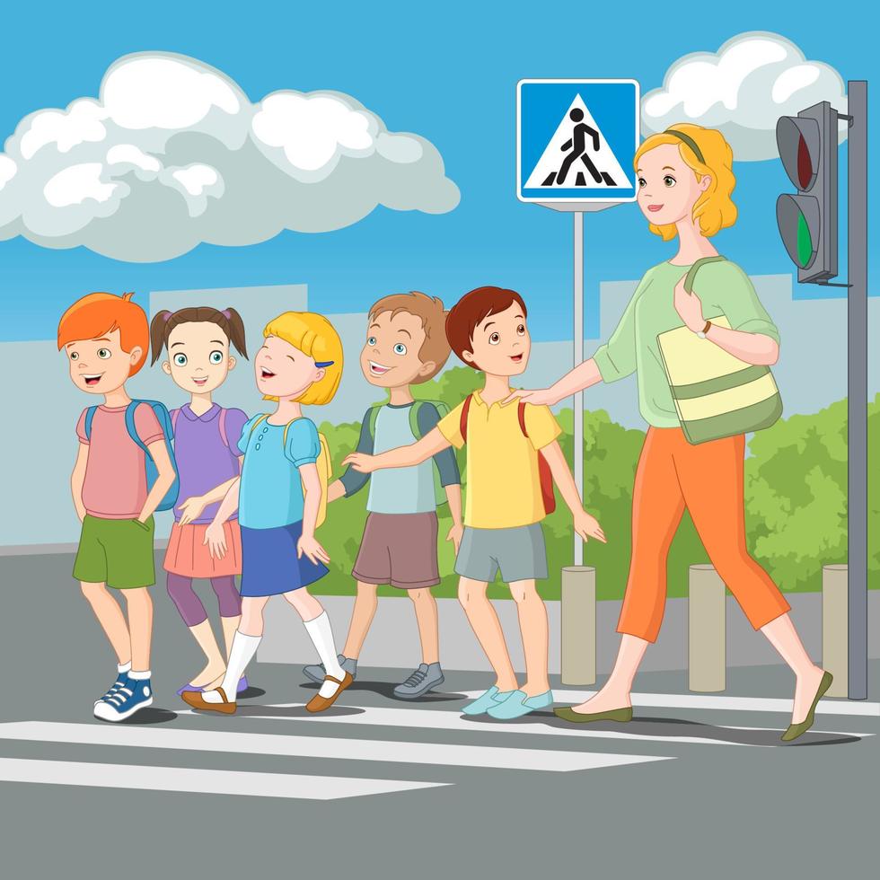 Kids crossing road with teacher vector illustration