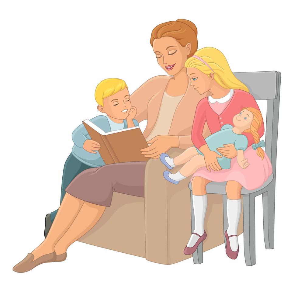 Mother reading book to children vector illustration