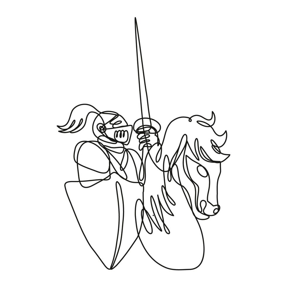 Knight With Lance and Shield Riding Stead Continuous Line Drawing vector